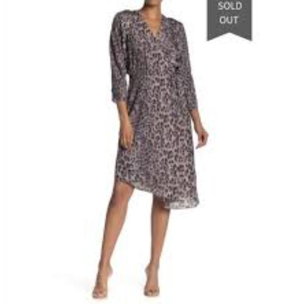 Joie Leopard Acantha Light Print Asymmetrical 3/4 Sleeve Wrap XS Lined Dress NEW